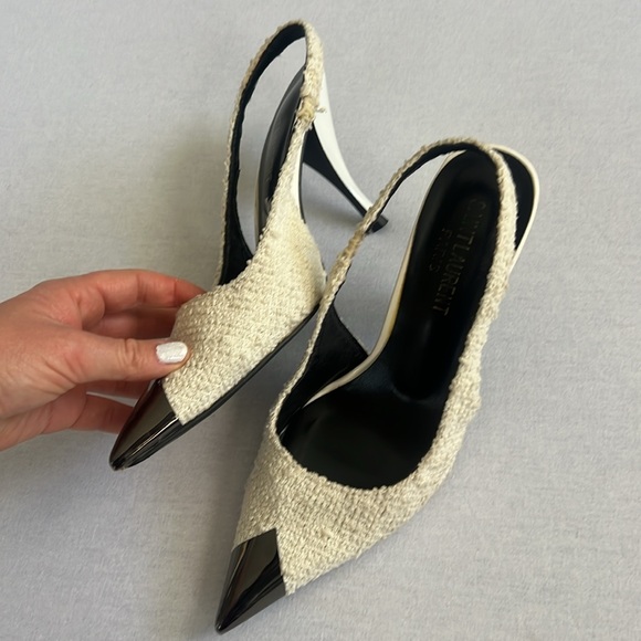 Saint Laurent Vesper Tweed Ivory Slingback Heels with Metal Cap Toe Size 37 - Picture 2 of 5